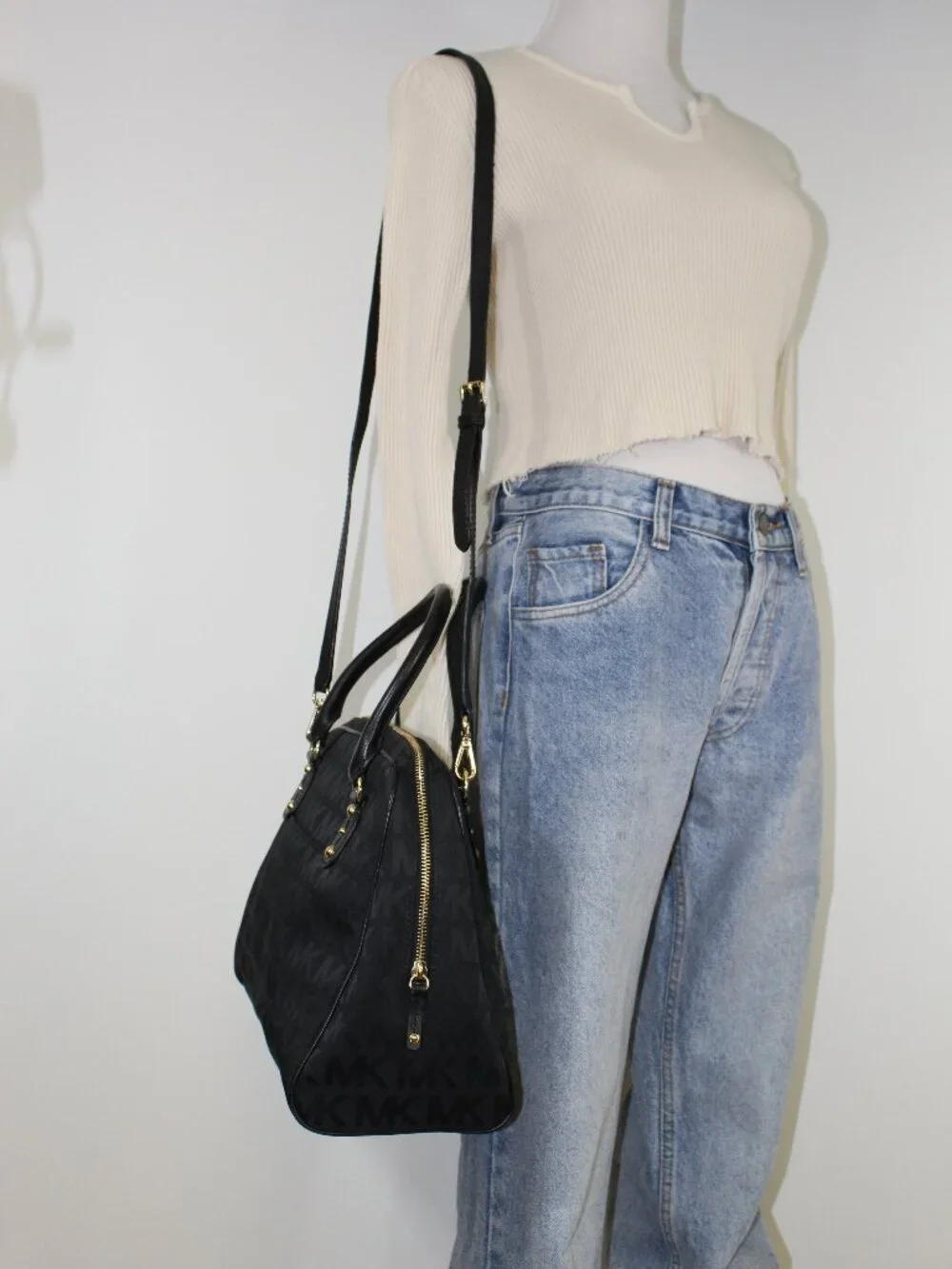 Michael Kors Black‎ Logo Satchel Canvas Leather Crossbody Bag Gold Hardware